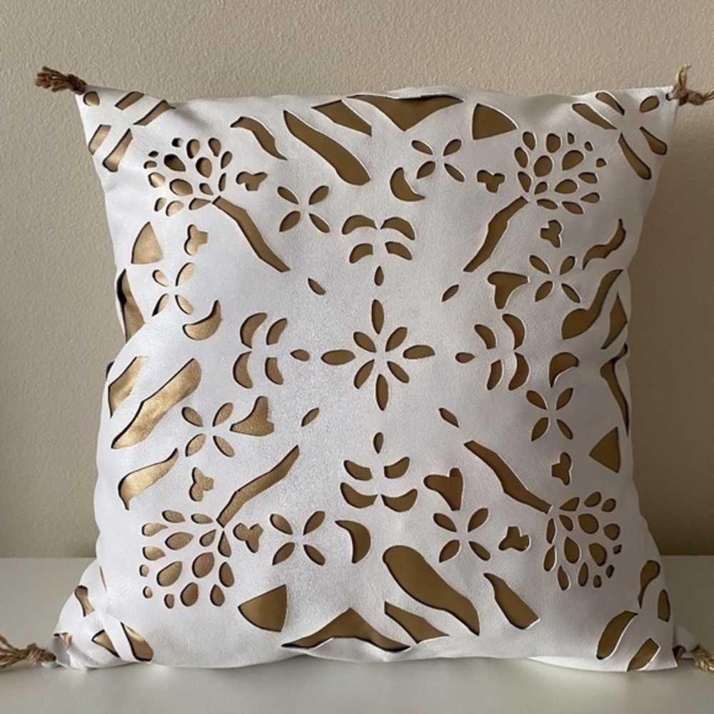 Anthropologie White  Leather Gold Inlay Pillow